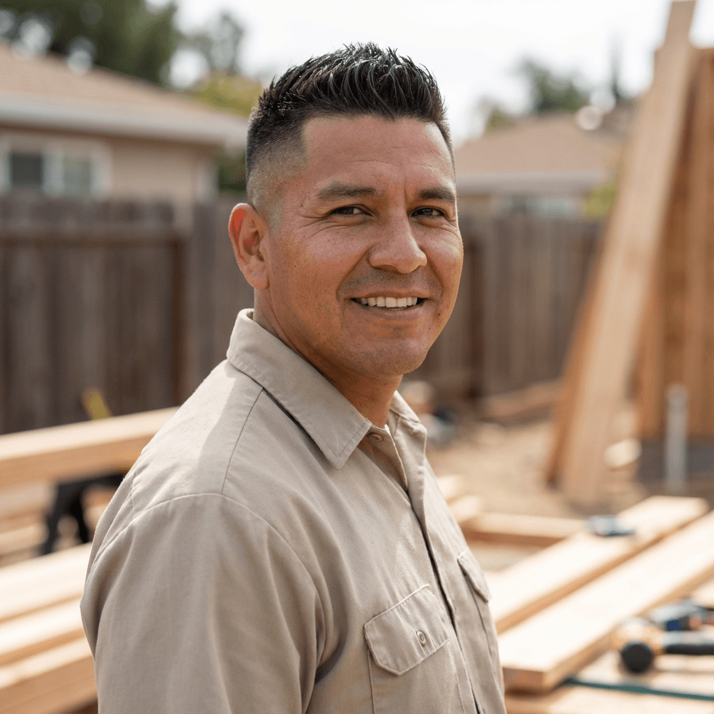 Homeowner leaning against a new patio cover post in his backyard