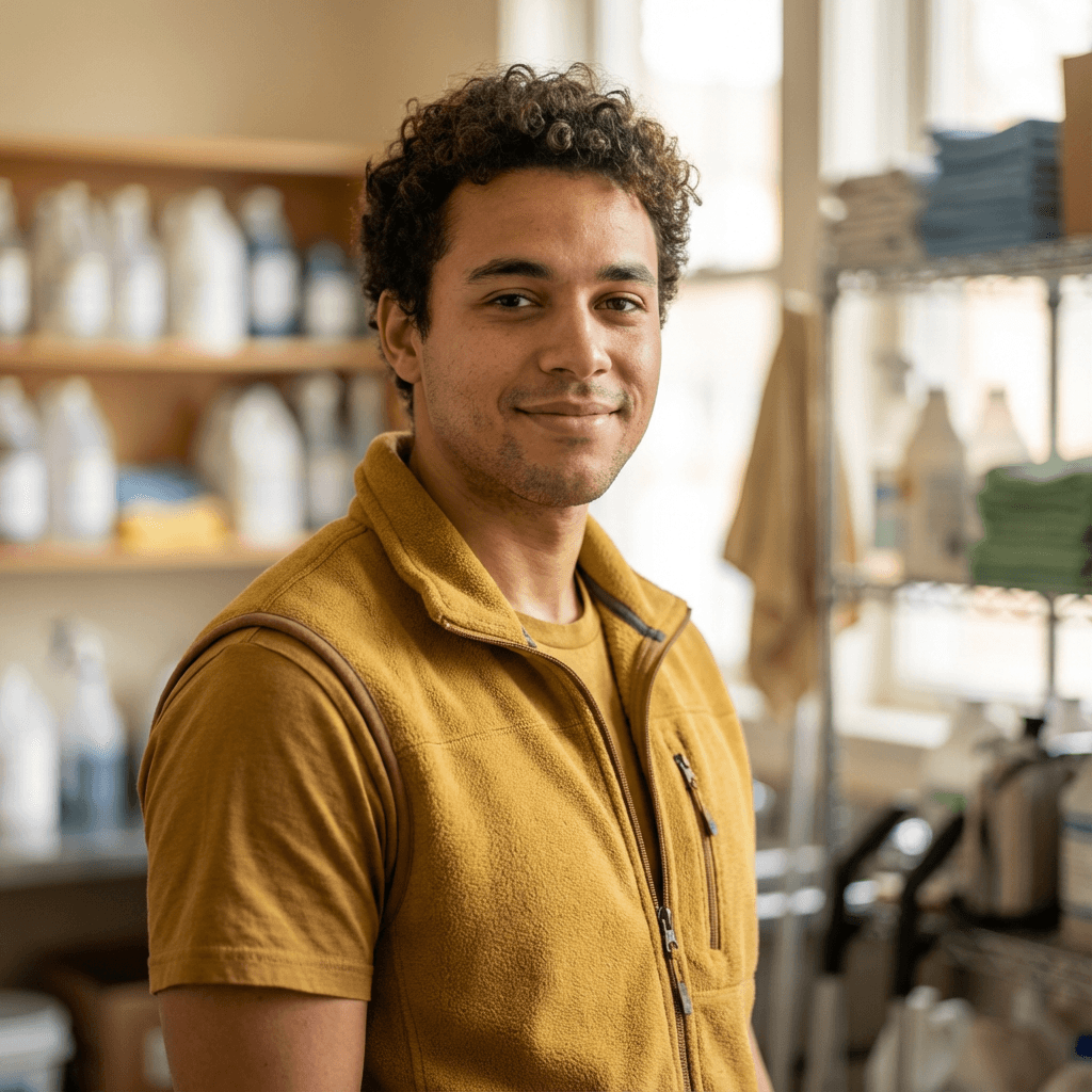 Man in his 30s smiling in front of a patio cover