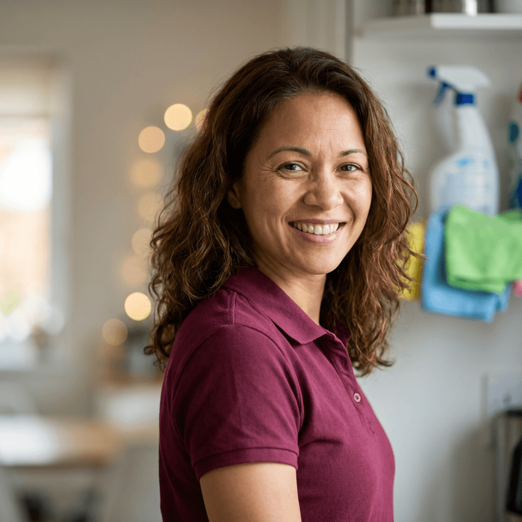 Smiling woman standing beside a finished patio cover in her backyard