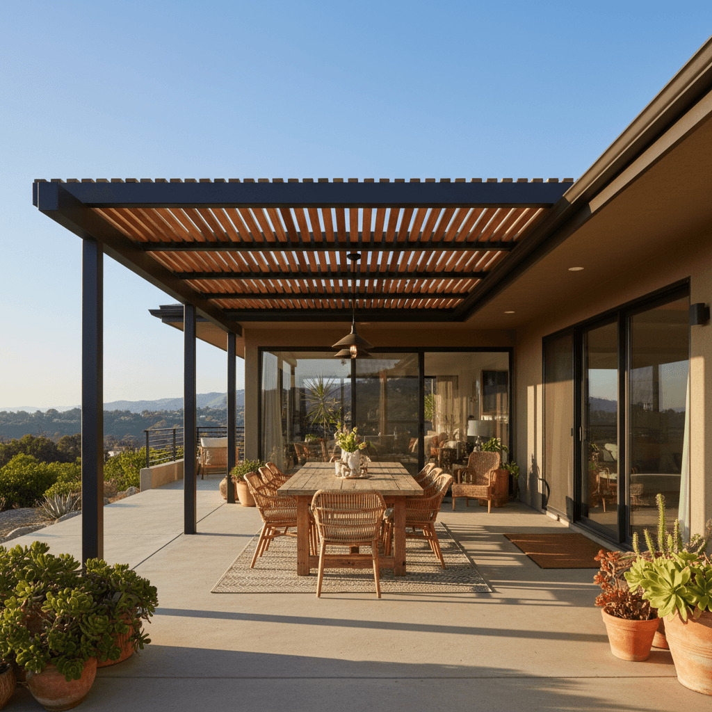 Modern patio cover with cedar accents attached to a mid-century home