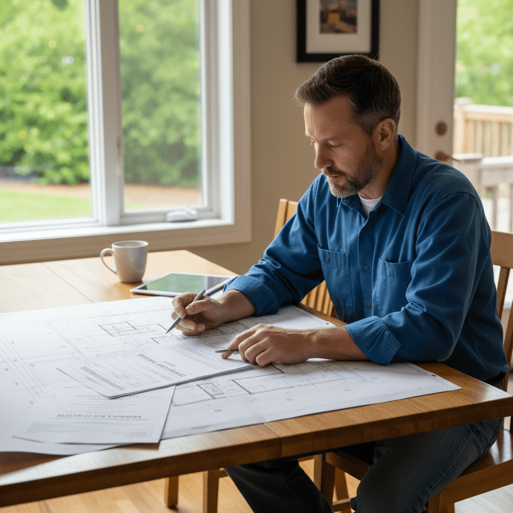 Contractor reviewing approved building permit paperwork