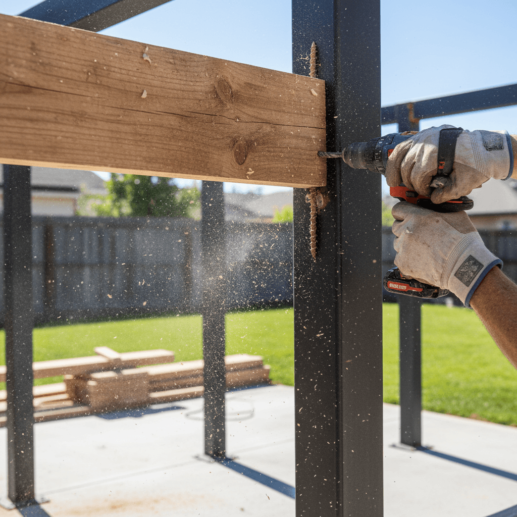 Close-up of hands securing a beam during patio cover frame installation