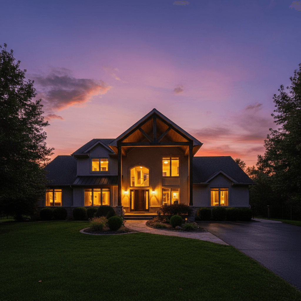 Gabled patio cover extending from a two-story home roofline at dusk