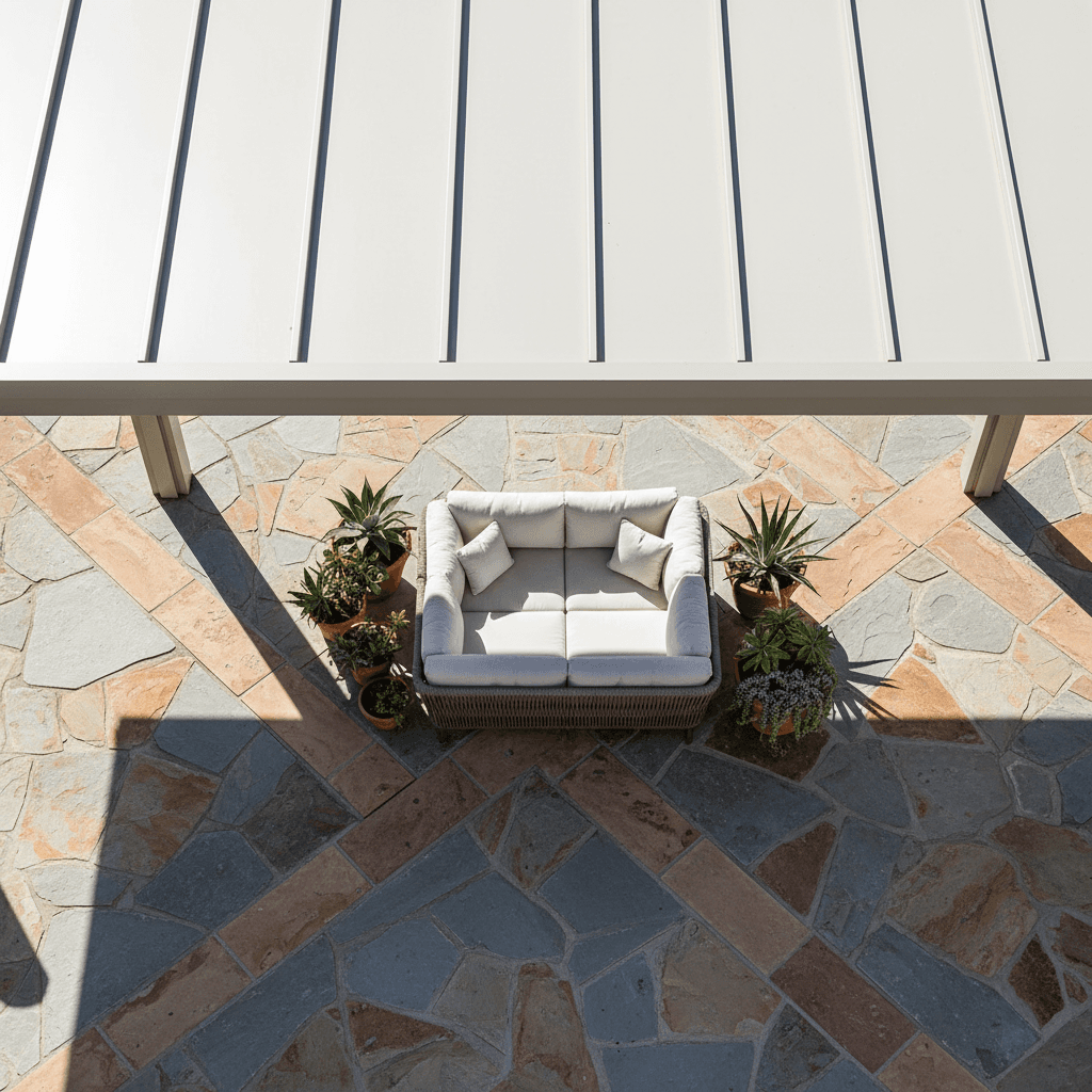 Stone patio floor beneath a new solid patio cover