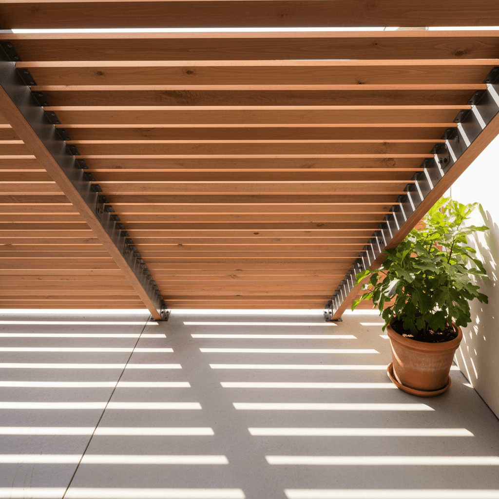 Close-up of cedar slats and aluminum brackets on a custom patio cover