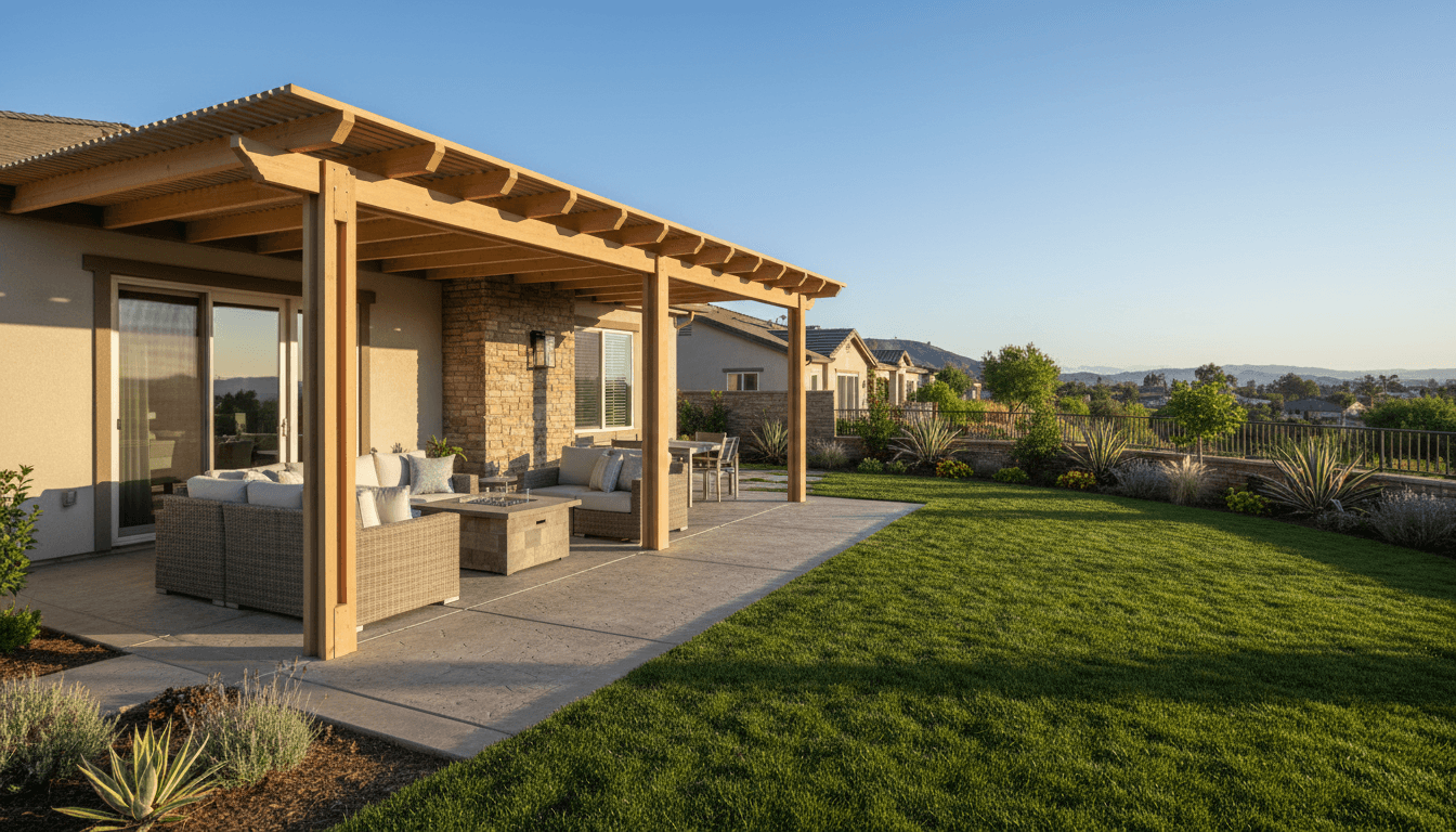 Modern covered patio with wooden beams and outdoor furniture in a sunny backyard