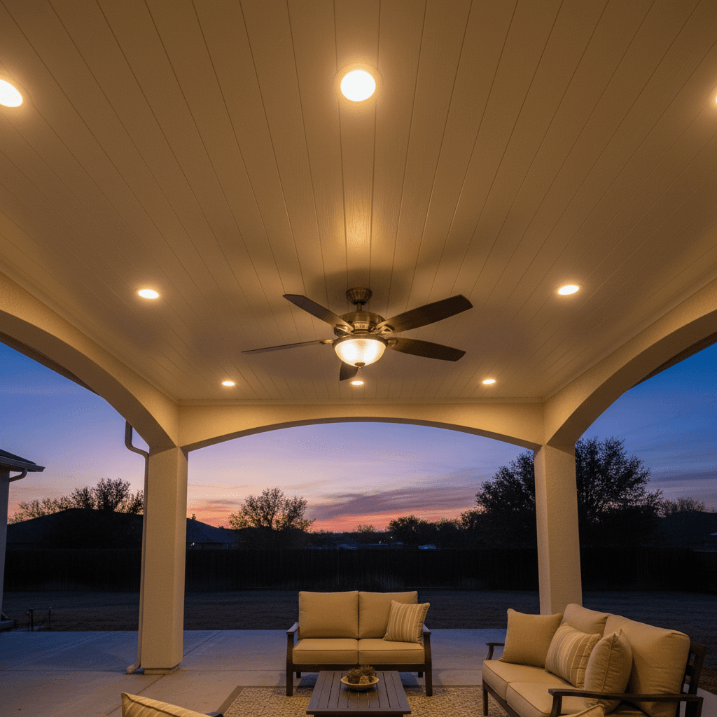 Insulated patio cover interior with recessed lights and a ceiling fan