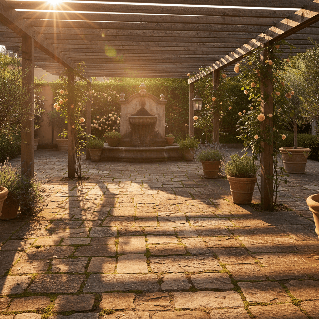 Sunlight filtering through wooden pergola slats over a stone patio