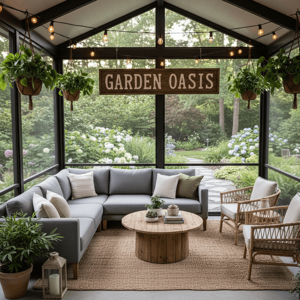 Screened-in patio enclosure with clear panels and comfortable seating