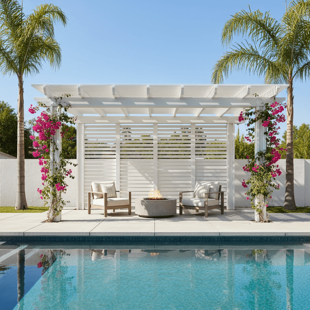 Pergola-style patio cover over a backyard pool deck