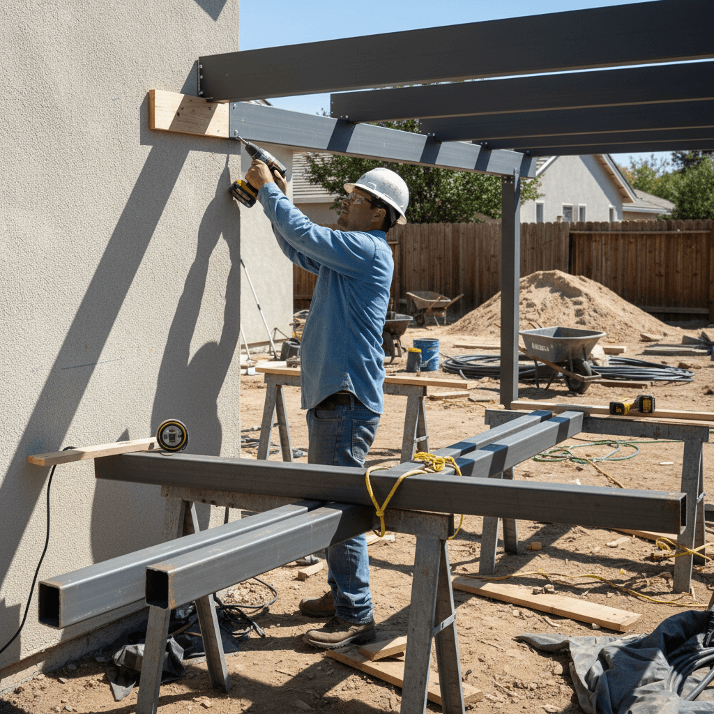 Patio cover installation in progress with a crew member securing a beam
