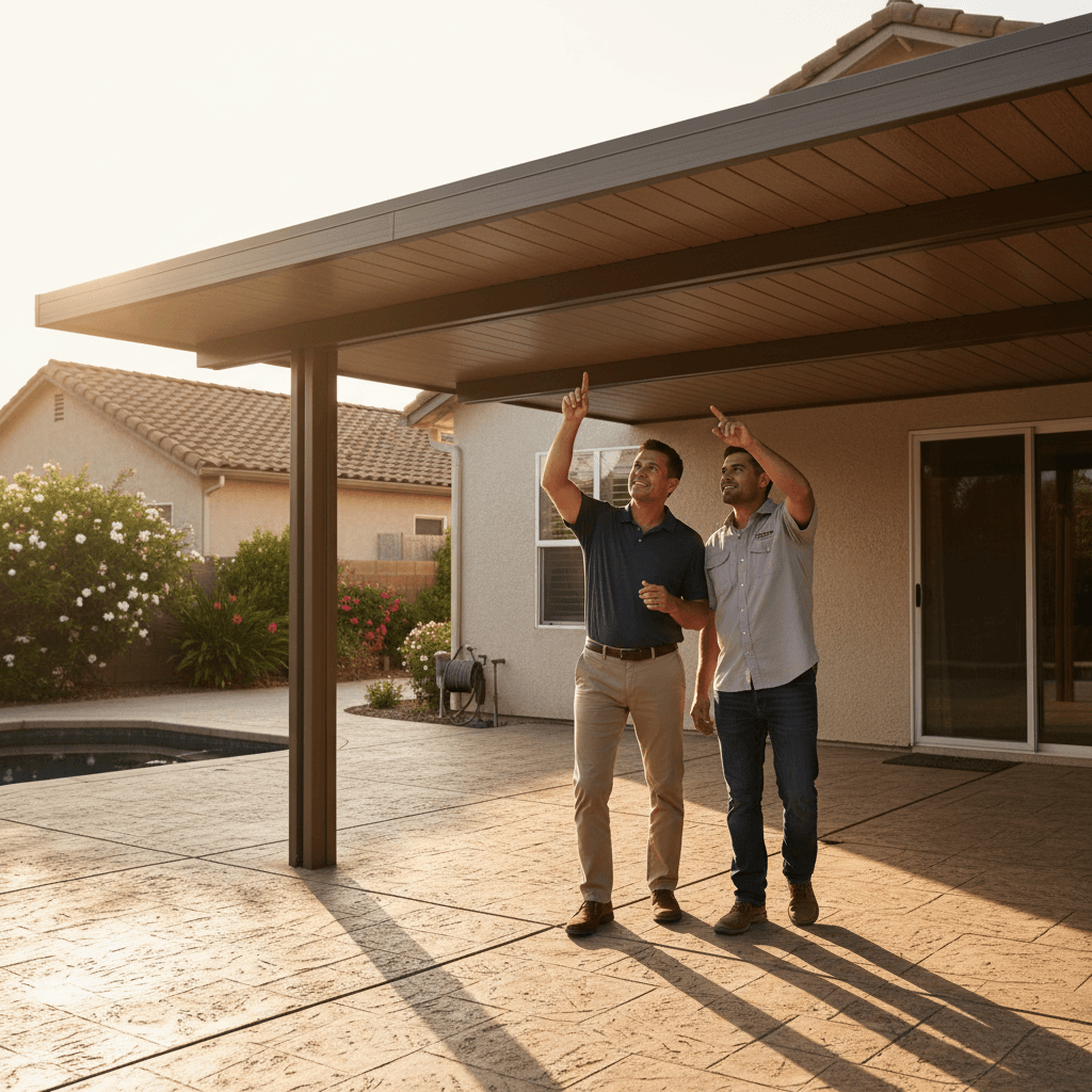 Homeowner and contractor inspecting a newly installed patio cover