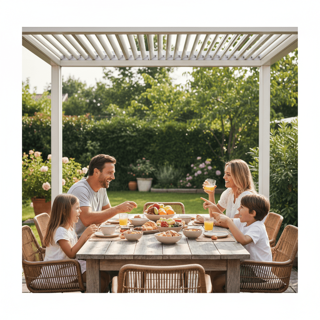 Family dining outdoors under a louvered pergola with adjustable slats