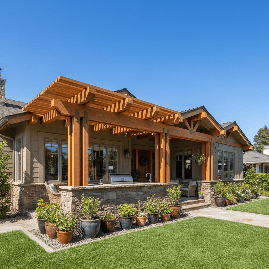 Solid wood patio cover stained in warm cedar tones over a backyard barbecue area