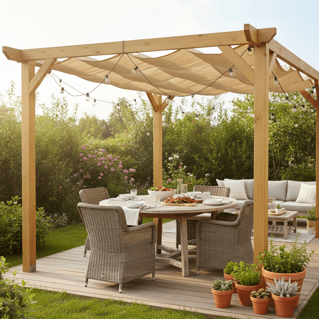 Pergola patio cover with retractable canopy over an outdoor dining area