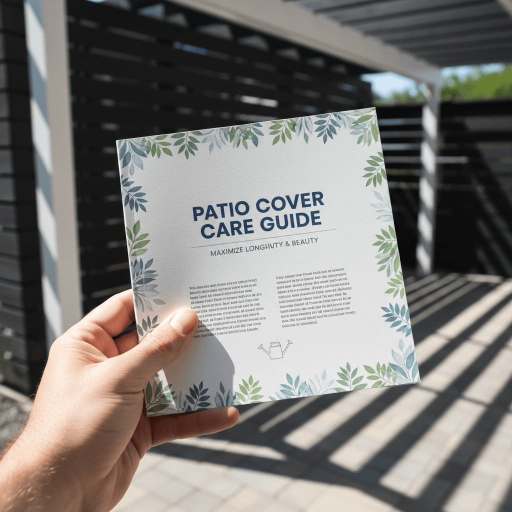 Hand holding a printed patio cover care guide booklet