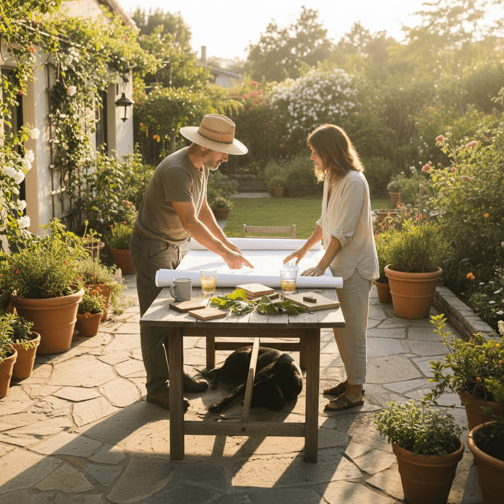 Landscaper and homeowner reviewing patio cover plans together in a backyard