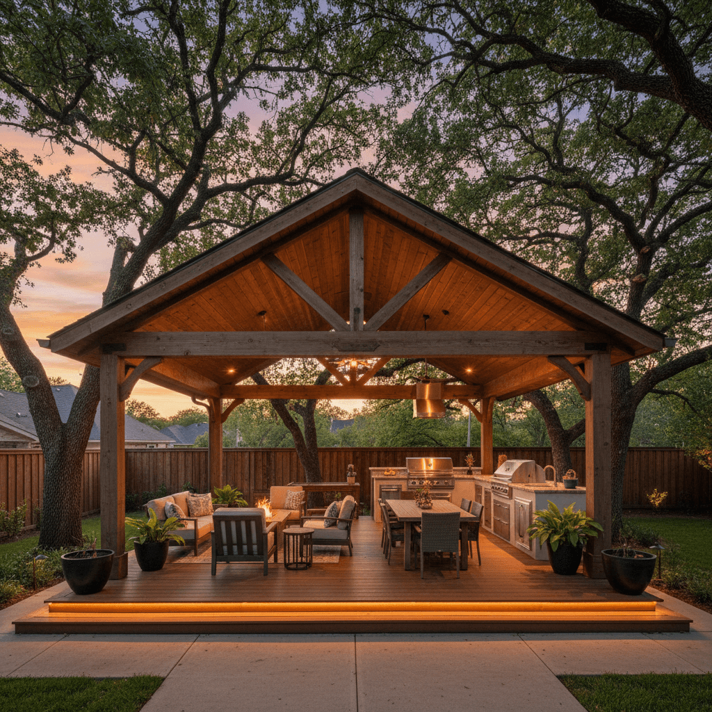 Large vaulted patio cover over a backyard deck with outdoor kitchen