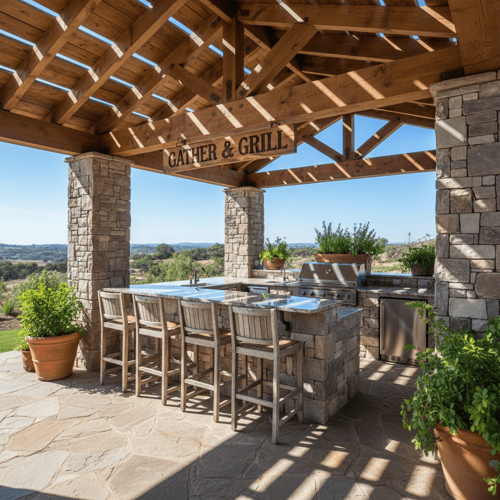 Custom wood-and-stone patio cover with a built-in outdoor kitchen bar