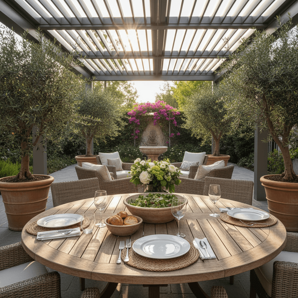 Louvered roof panels angled open over an outdoor dining area