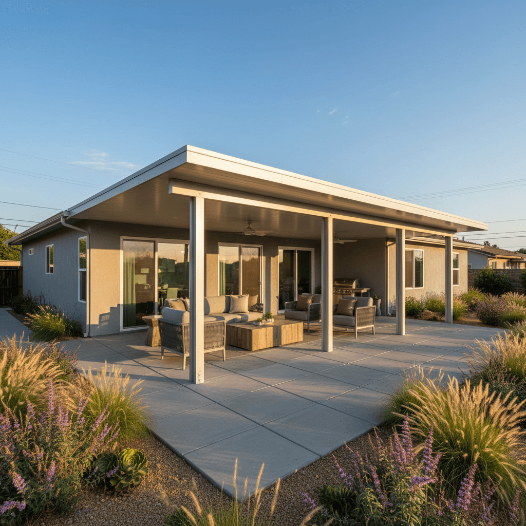 Modern patio cover attached to a single-story home in Orange County