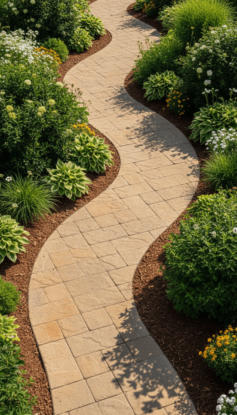 Overhead view of curved hardscape pathway through landscaped garden