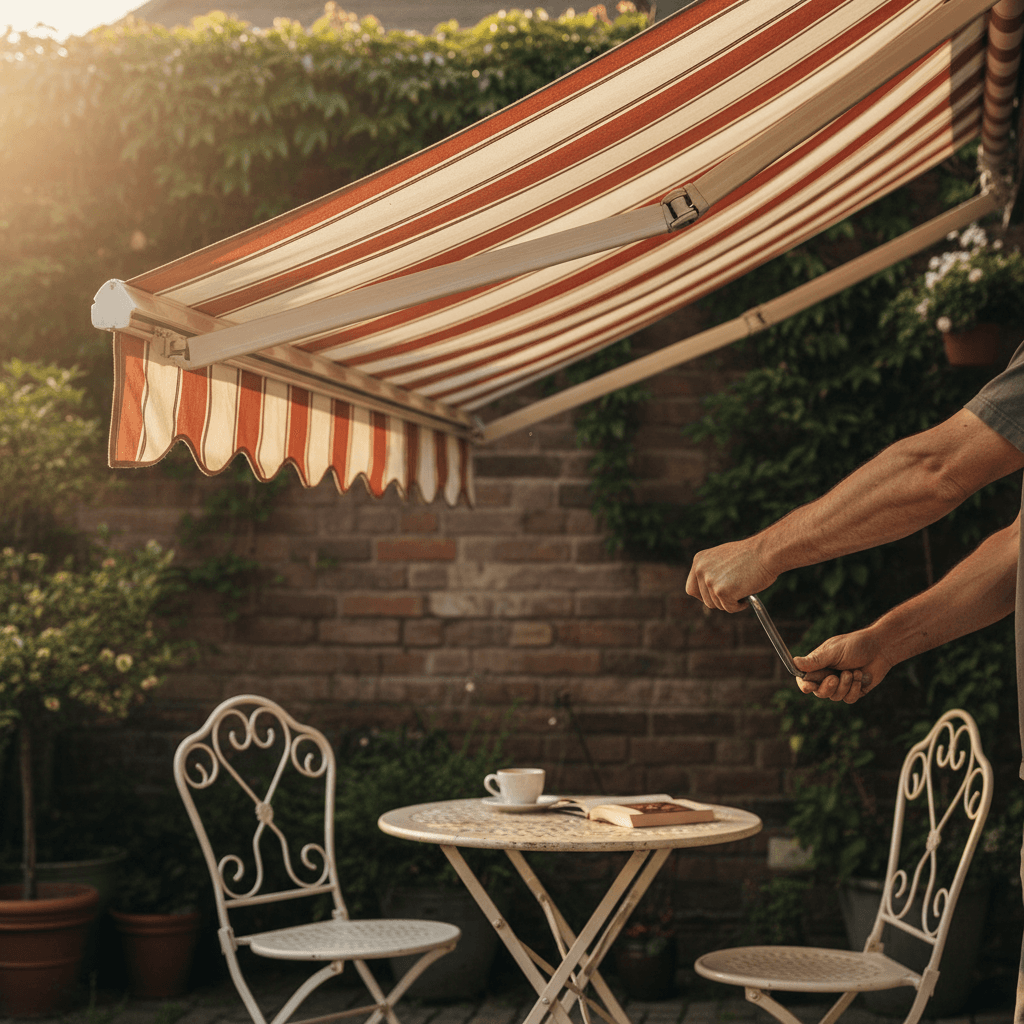 Homeowner adjusting a retractable fabric awning over a small side patio with bistro table
