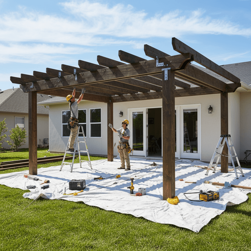 Two installers securing a beam on a residential patio cover frame