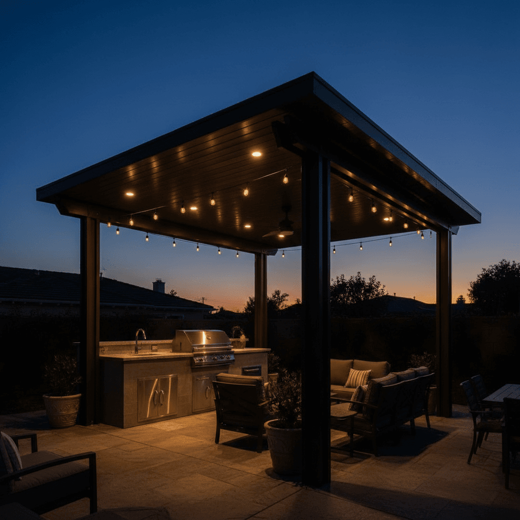 Patio cover with recessed lighting at dusk over an outdoor kitchen