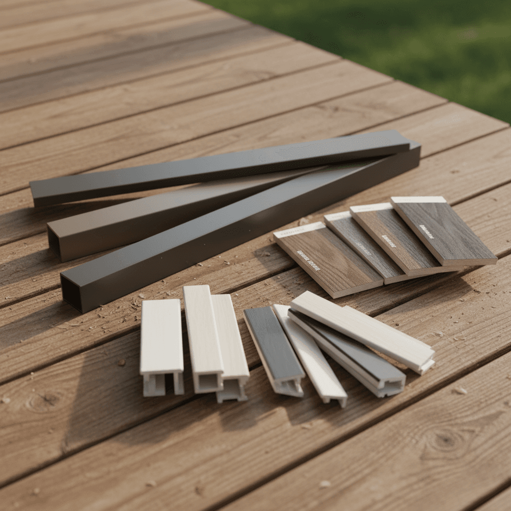 Close-up of aluminum, wood, and vinyl patio cover material samples