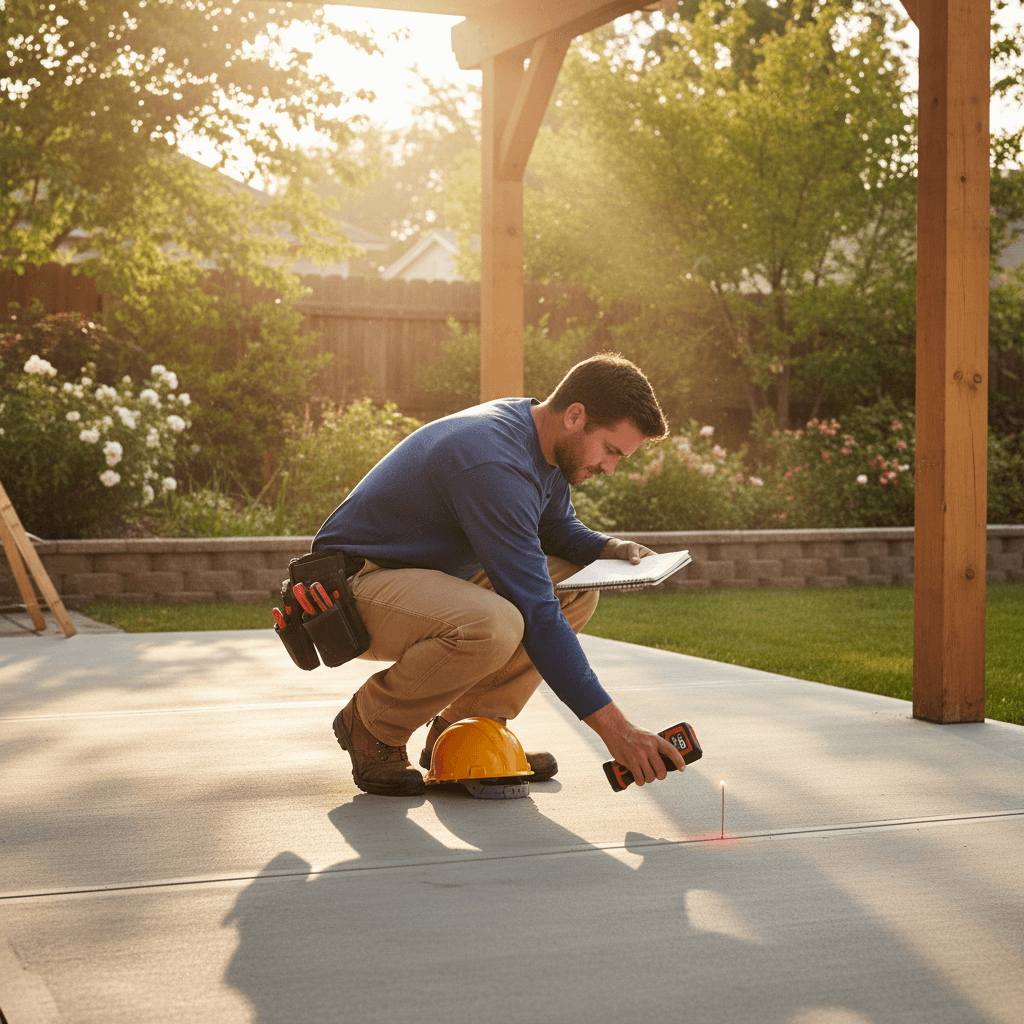 Contractor measuring a residential patio slab with a laser distance measurer