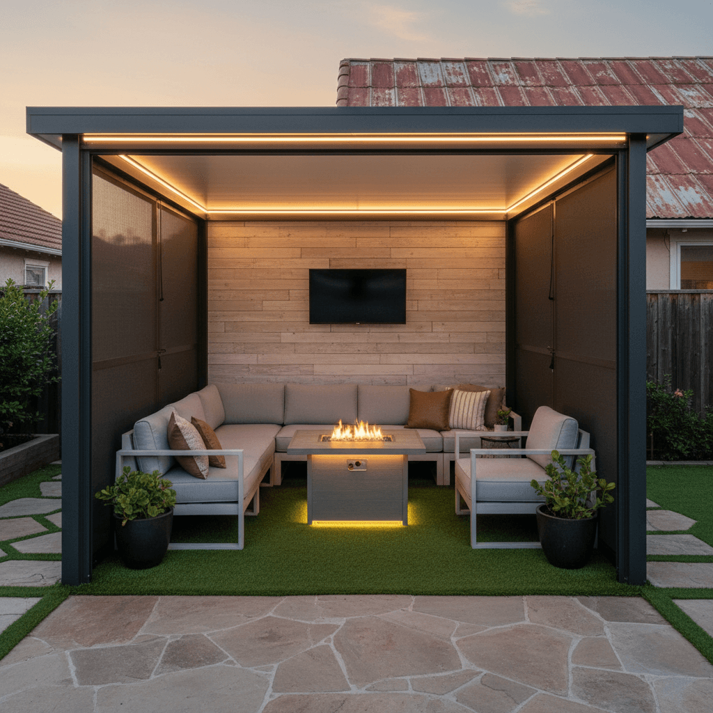 Enclosed patio cover with privacy screens and outdoor furniture