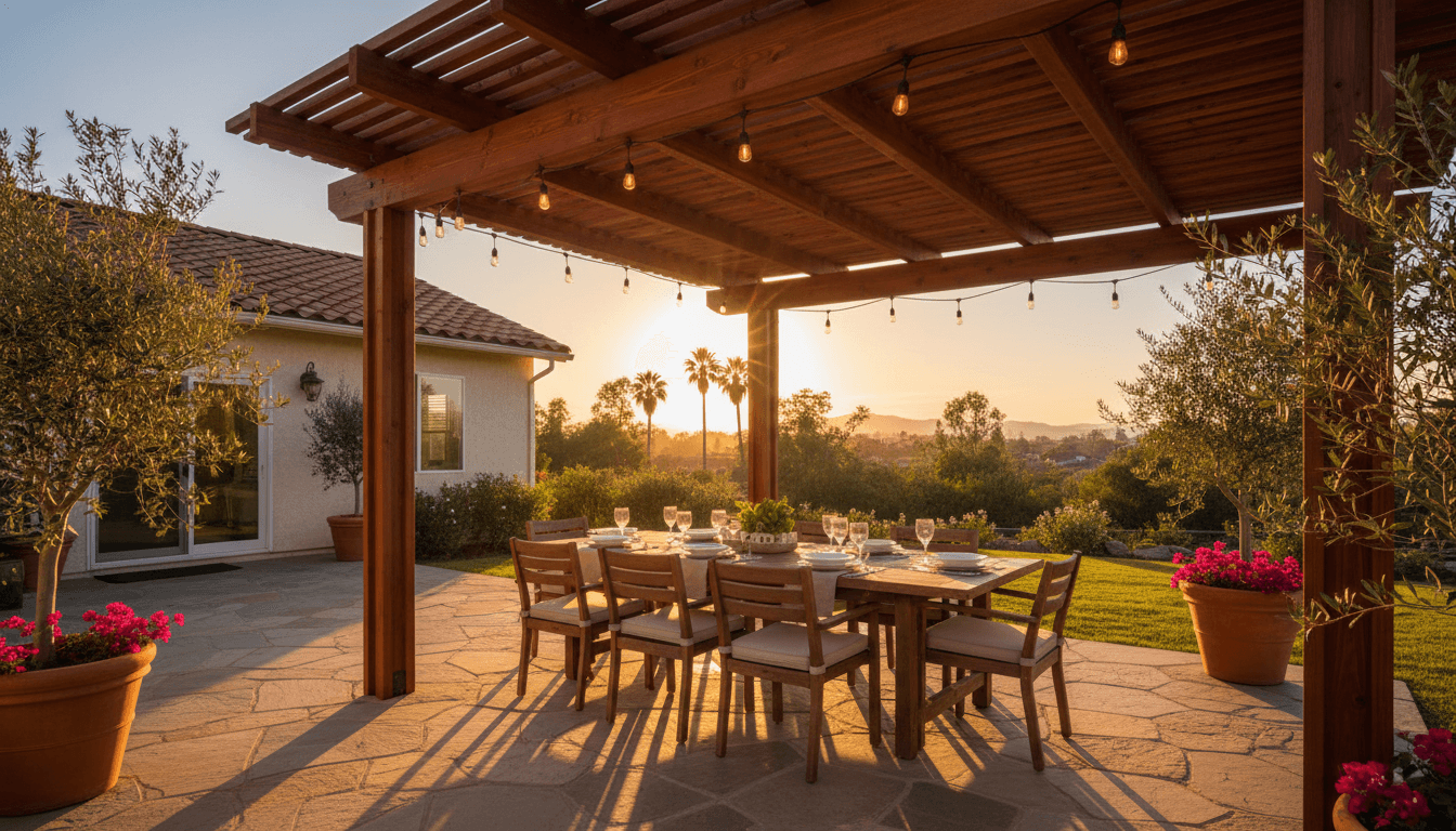 Custom patio cover over an outdoor dining table in a sunny backyard