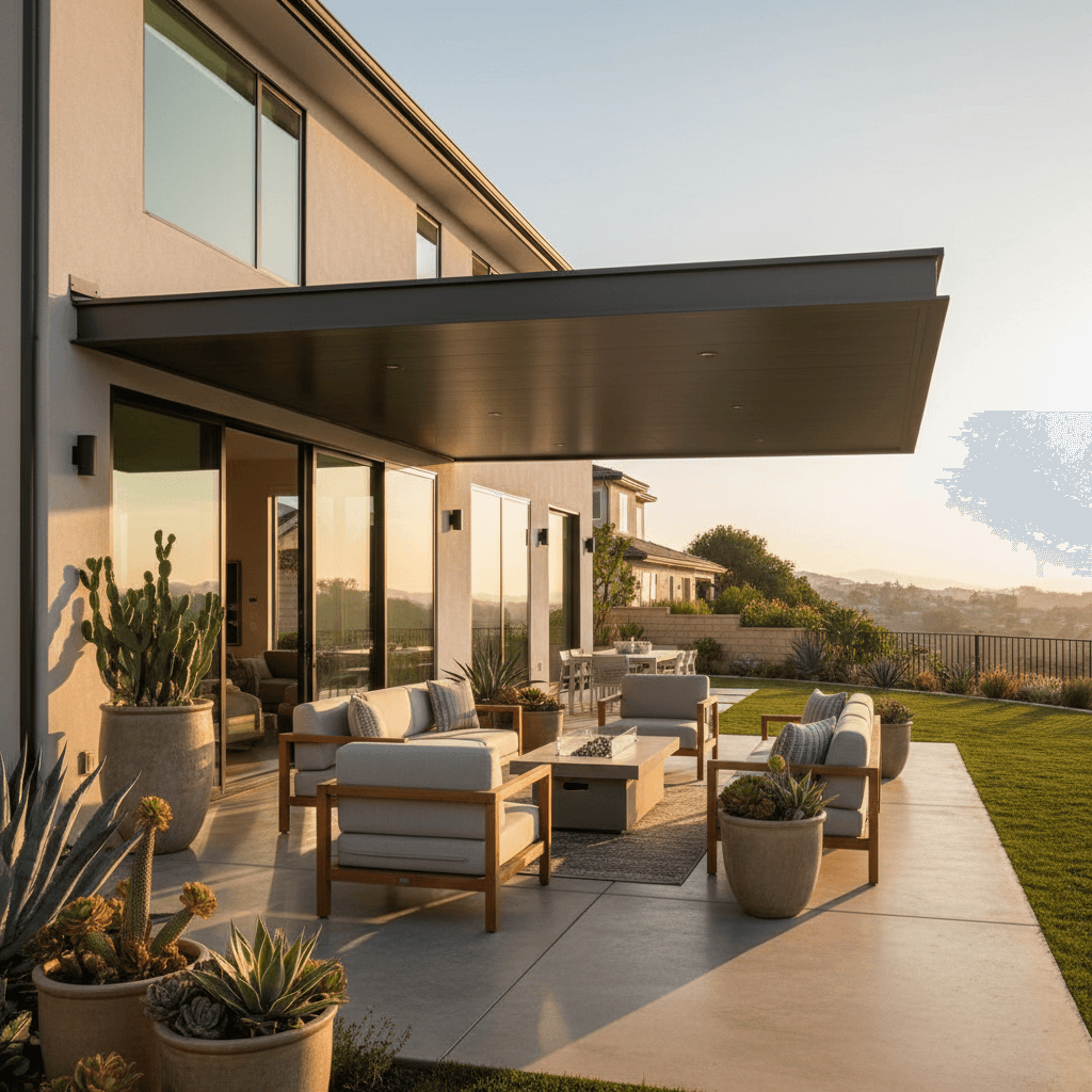 Modern flat-panel aluminum patio cover over a concrete patio with lounge furniture