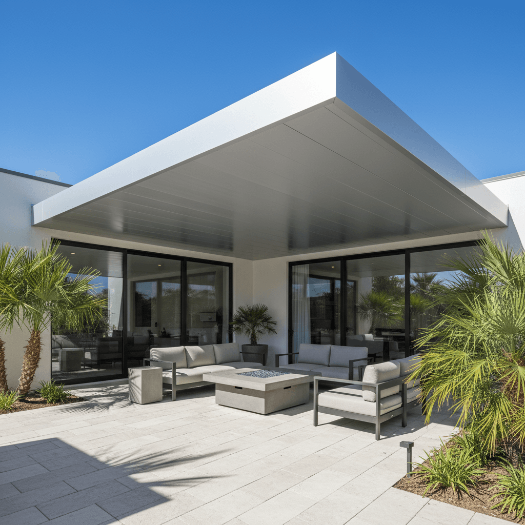 Solid aluminum patio cover attached to a house, clean and modern