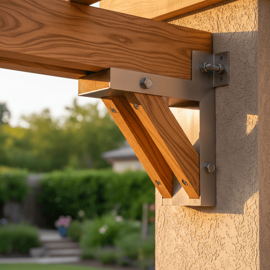 Close-up of timber beams and steel brackets on a patio cover