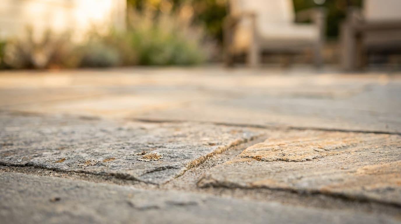 Landscaper standing beside completed hardscape patio installation in Orange County backyard