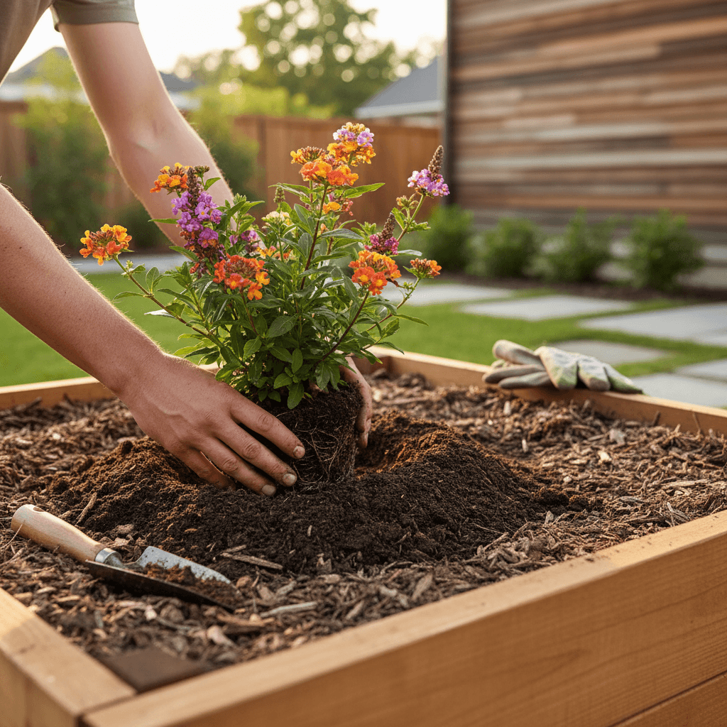 Landscape professional's hands planting flowering shrub into rich garden soil in residential yard