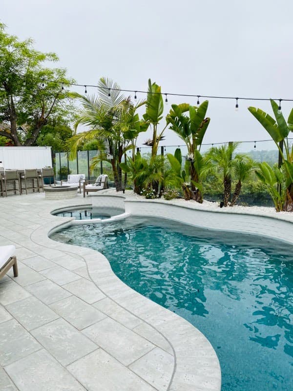 Curved turquoise swimming pool and spa with light stone patio and lush tropical palm trees.